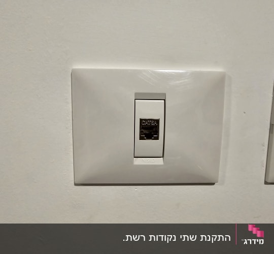 נקודת רשת תקשורת בקיר מסוג CAT6A מותקנת בתוך מסגרת לבנה